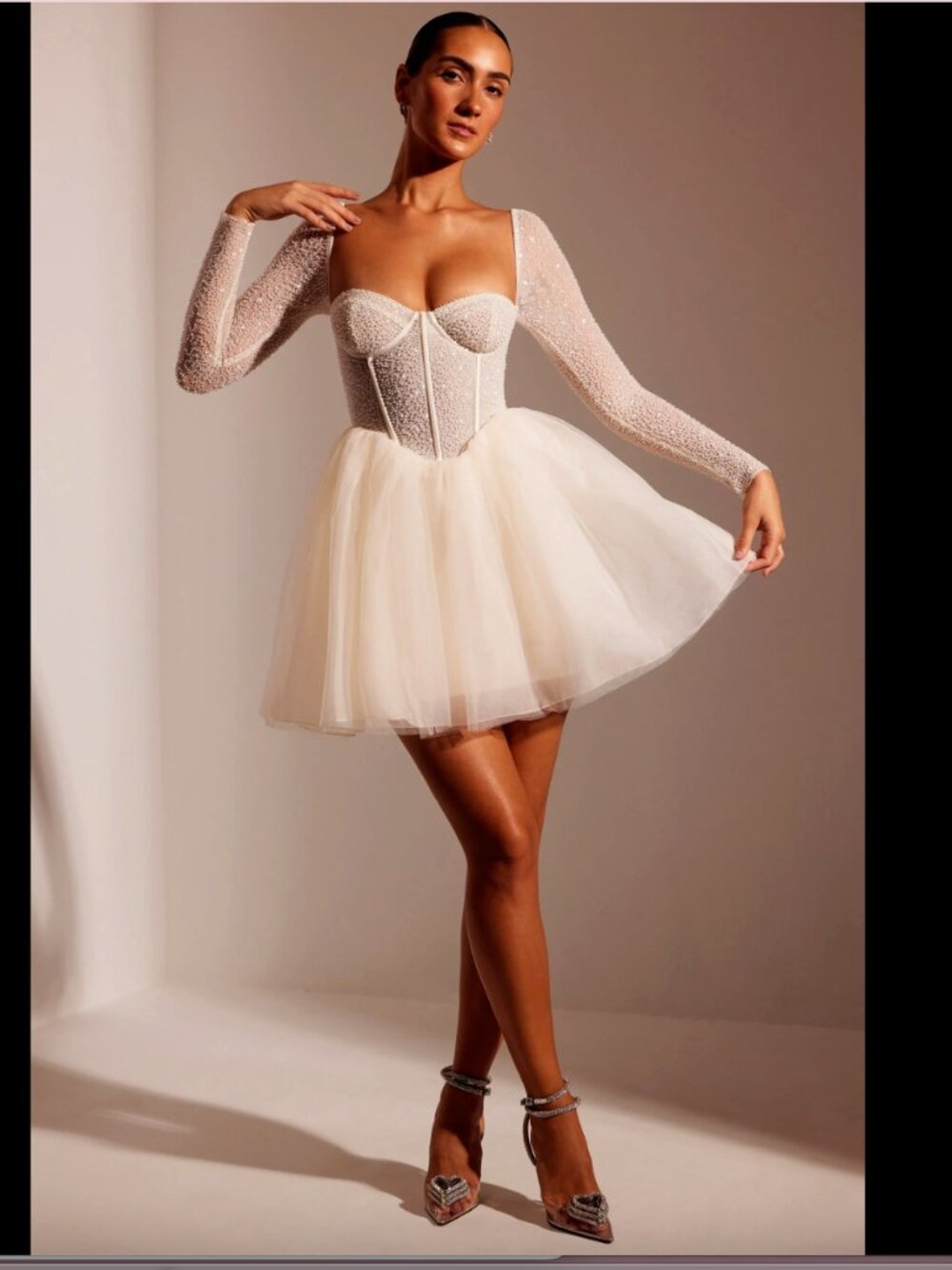 Oh Polly Calliope Embellished Long Sleeve Tulle Skirt Mini Dress in Ivory